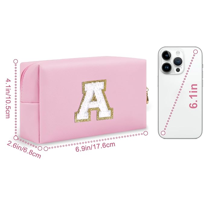 Personalized Initial A-Z Preppy Patch Makeup Bag,Small PU Chenille Letter Cosmetic Bag with Zipper for Teen Girls,Pink Cute Toiletry Organizer Bag,Monogram Makeup Case Gift for Women Girls,Letter A