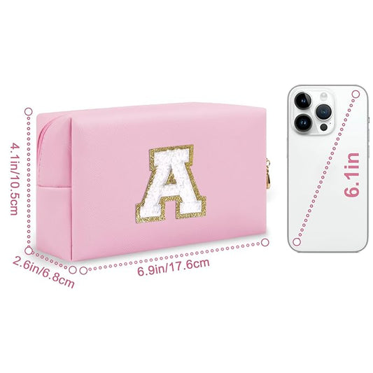 Personalized Initial A-Z Preppy Patch Makeup Bag,Small PU Chenille Letter Cosmetic Bag with Zipper for Teen Girls,Pink Cute Toiletry Organizer Bag,Monogram Makeup Case Gift for Women Girls,Letter A