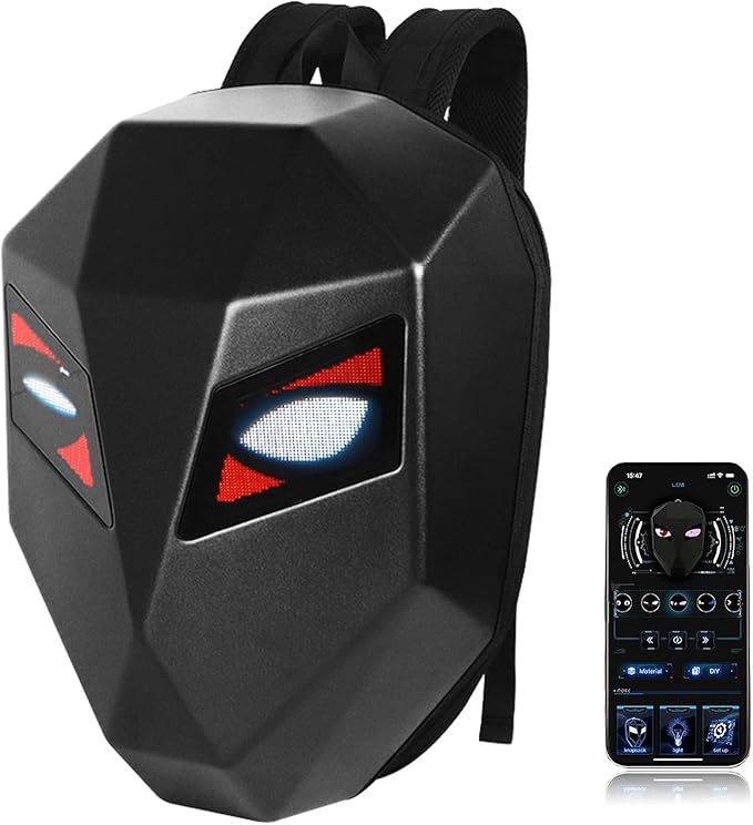 Motorcycle Backpack with LED Eyes, DIY Laptop Backpack for Riding, Cycling, Travel, Waterproof Hard Case Motorbike Bag, Large Size 19" Classic Black