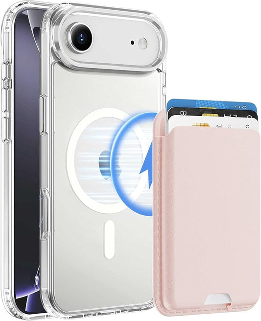 Ntwinro Magnetic for iPhone Air Clear Case (Compatible with MagSafe) with Pink Detachable Wallet & Card Holder for 3 Cards [RFID Blocking] Military Grade Protective Slim Phone Cover for 17 Air 2025
