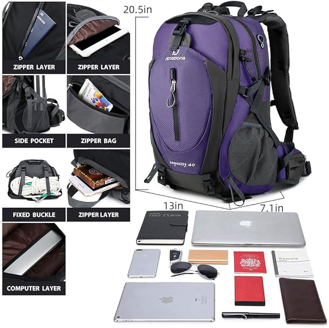 FENGDONG 40L Waterproof Lightweight Outdoor Daypack Hiking,Camping,Travel Backpack for Women Men Purple
