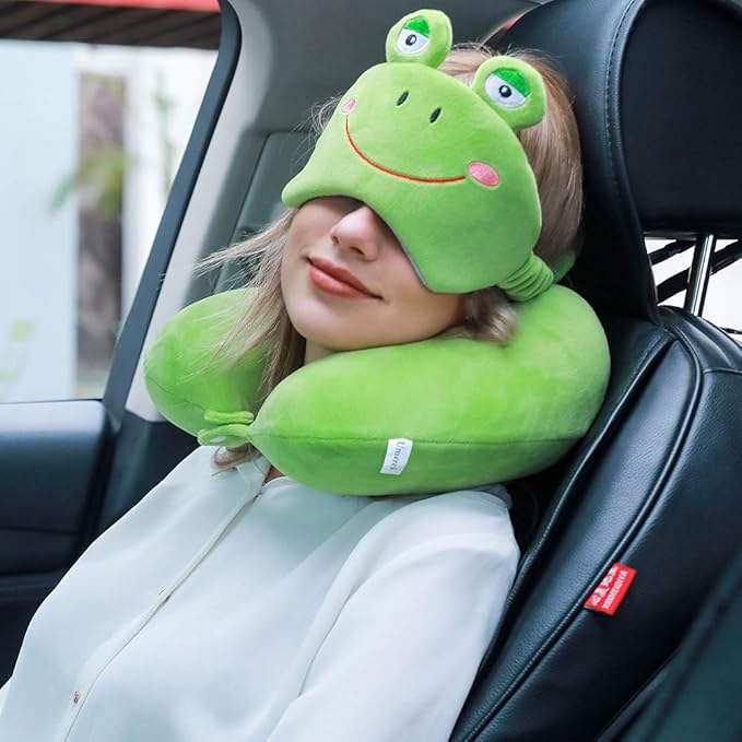 Umerci Travel Pillow, Memory Foam Neck Pillow with 360-Degree Head Support Comfortable Airplane Pillow with Storage Bag Lightweight Traveling Pillow for Sleeping, Car, Train, Bus and Home Use (Frog)