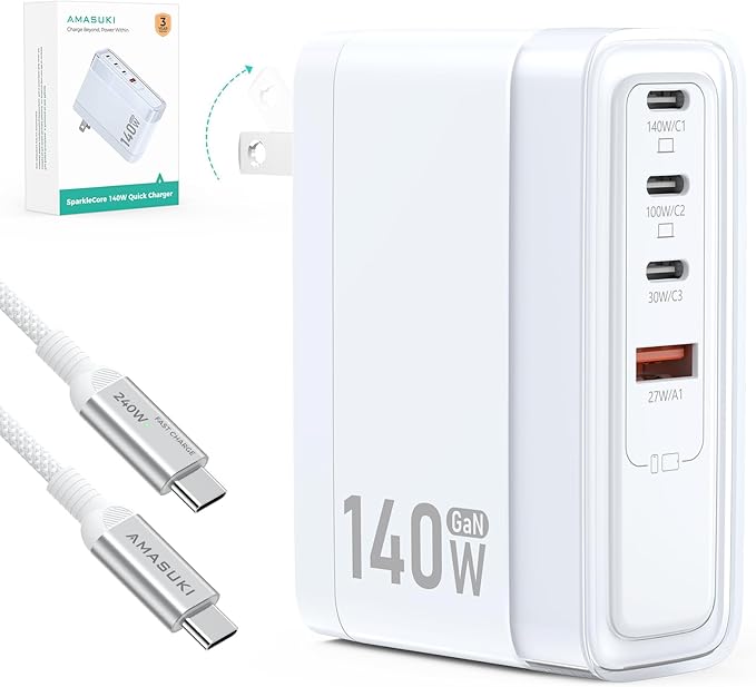 SparkleCore 140W MAX USB C Charger,4-Port Fast Charging Block PD3.1 GaN Travel Essentials Laptop Charger for Apple MacBook Air/Pro,iPhone 17/16,iPad Pro,Samsung,Pixel,DJI,6.6ft USB C Cable