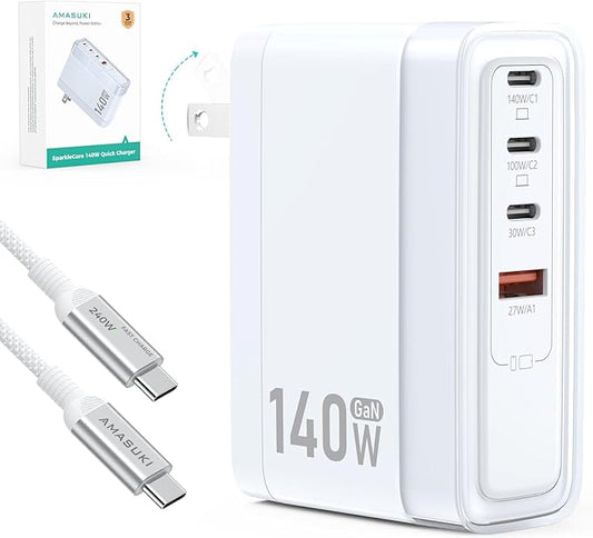 SparkleCore 140W MAX USB C Charger,4-Port Fast Charging Block PD3.1 GaN Travel Essentials Laptop Charger for Apple MacBook Air/Pro,iPhone 17/16,iPad Pro,Samsung,Pixel,DJI,6.6ft USB C Cable