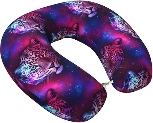 Comfortable Memory Foam Travel Neck Pillow, Funny Chin/Head Cushion Supporting Airplane Car Pillows Purple Leopard for Sleeping Outdoors Travel Office