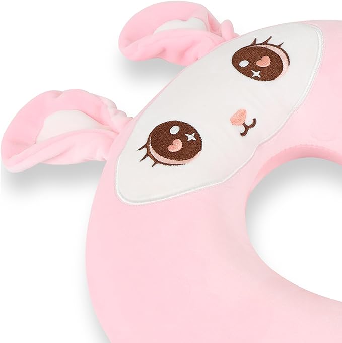 Sexysamba Cartoon Headrest & Neck Pillow for Kids Boys & Girls, Teens, Travel Accessories for Airplane, Car, Recline, Memory Foam Cute Travel Pillow with Sleep Eye Mask - Pink Rabbit