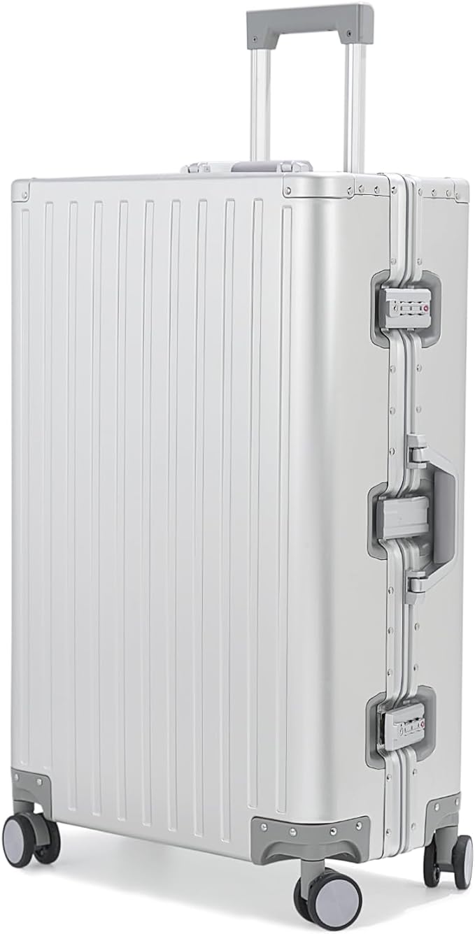 28-inch Aluminum Checked Suitcase: Silver - Full Metal Shell - Crush-Resistant & Burst-Proof, TSA Lock & Spinner Wheels for Business Travel - Men Women