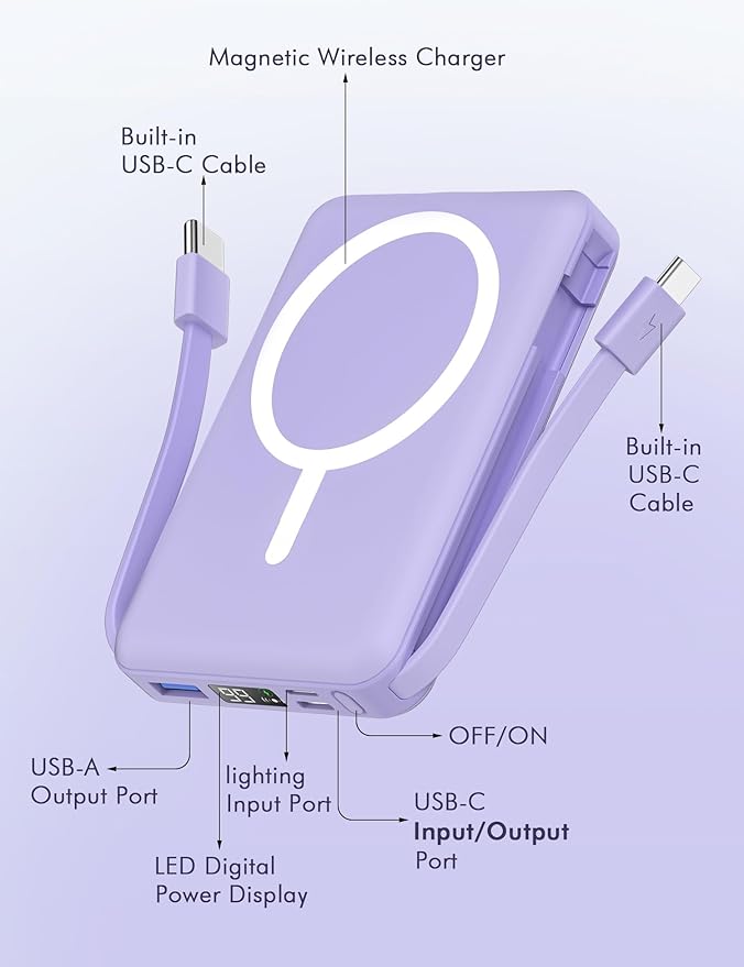 podoru for Magsafe Battery Pack, 10000mAh Magnetic Power Bank Built-in Double USB C Cables 22.5W PD Fast Charging LED Display Wireless Portable Charger for iPhone 17/16/15/14/13/12 Series-Purple