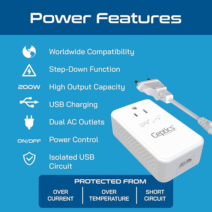 Ceptics 200W Step Down Voltage Converter - 220v to 110v Voltage Converter for Curling Iron, Straightener, Charger – USB-A & C Fast Charging – Type C Power Cord with A, G, I, E/F Plugs Included