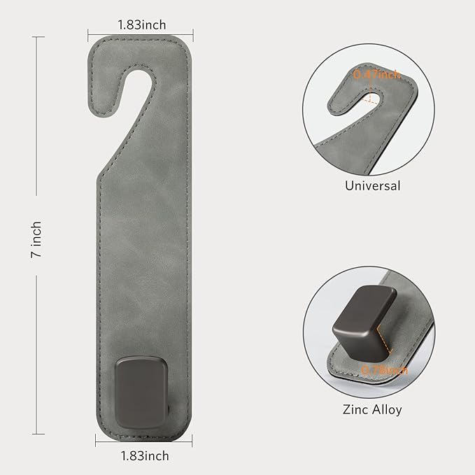 CoBak Headrest Hooks for Car - Universal Premium Stitched Leather and Aluminum-Magnesium Alloy Single Car Seat Back Storage Hook for Purses, Handbags, Bags (2 Pack),Gray