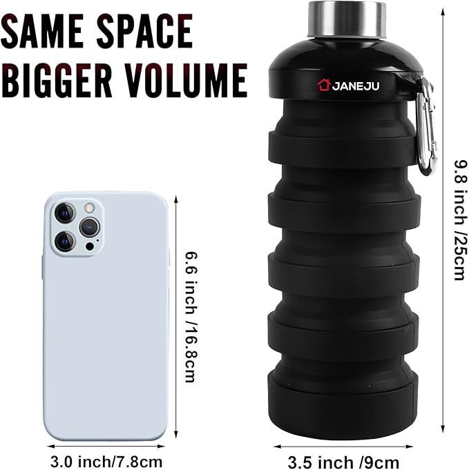 JaneJu Collapsible Water Bottle, 32oz BPA Free Silicone Reusable Portable Lightweight Foldable Water Bottles with Carabiner, Leak Proof Sports Water Bottle with Stainless Twist Cap (White)