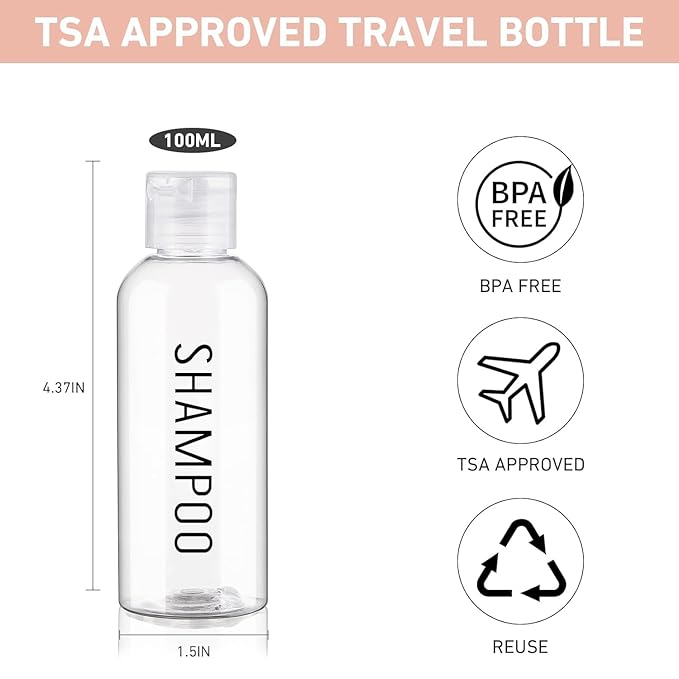 Travel Bottles for Toiletries 3.4oz/100ml 4 Pack TSA Approved Leak-Proof Travel Size Containers Squeezable Empty Plastic Toiletry Bottles Pre-printed Shampoo, Conditioner, Body Wash (Clear)