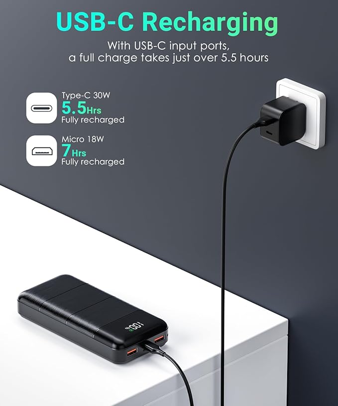 Power-Bank-Portable-Charger - 32000mAh Power Bank Output 5V3A Fast Charger Portable Charger with Built-in LED Display Compatible with Smartphones and All USB Devices (Black)