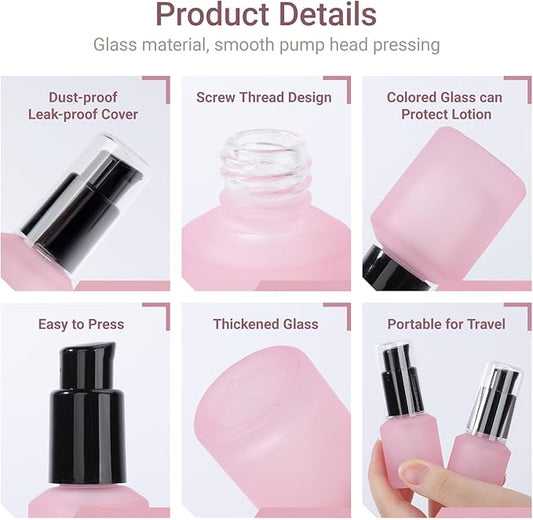 Segbeauty 0.5oz Frosted Glass Lotion Pump Bottles, 5pcs Refillable Empty Travel Size Bottles for Lotions, 15ml Pink Glass Small Travel Containers for Creams, Mini Hair Oil Bottle Pump Dispenser
