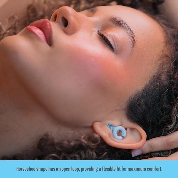 Hush Hoops Ear Plugs, Ultra-Soft Reusable Silicone Plugs with Horseshoe Shape for Comfort, Designed for Sleep and Sound Suppression, 17dB (NRR) Noise Reduction Rating, Blue, 1 Pair with Travel Case