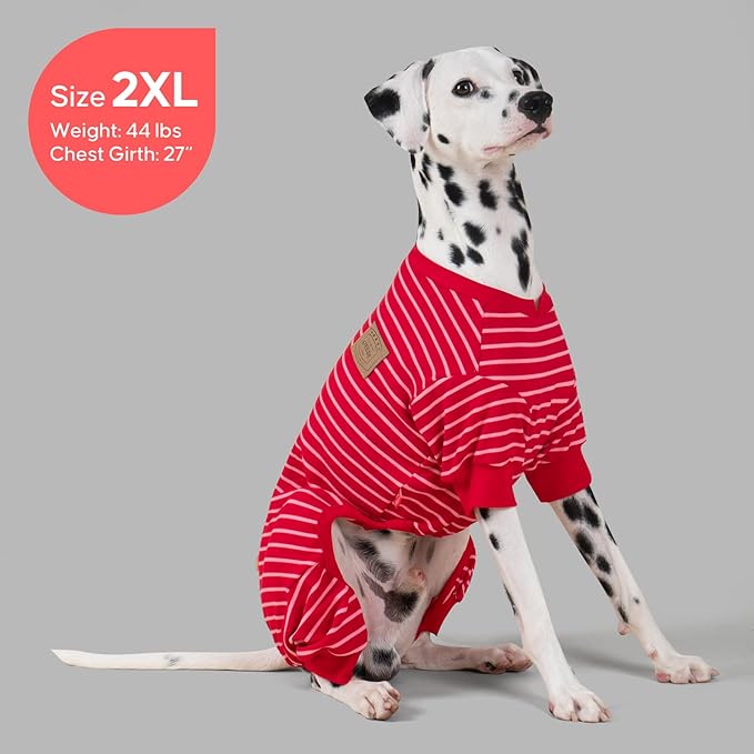 KYEESE Dog Pajamas, Striped Clothes Pet PJS, Velvet Fleece Doggie Jammies, Soft 4 Legs Outfit Dog Pajamas, Cozy Pet Clothes Onesie, Comfortable PJS for Medium Dogs,Red Striped, XX-Large