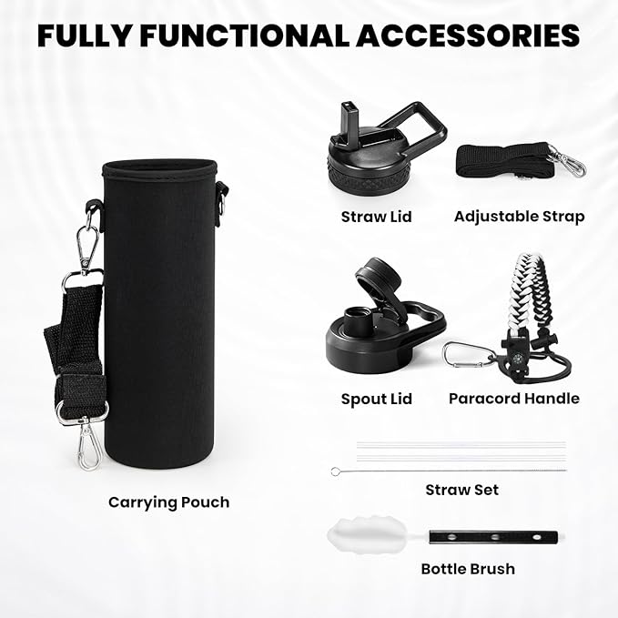 Insulated Water Bottle 24oz, Triple Wall Vacuum Stainless Steel (Cold for 48 Hrs, Hot for 24Hrs), Leak Proof & Non-BPA, 24oz Hydro Water Flask with Paracord Handle & Straw Spout Lids