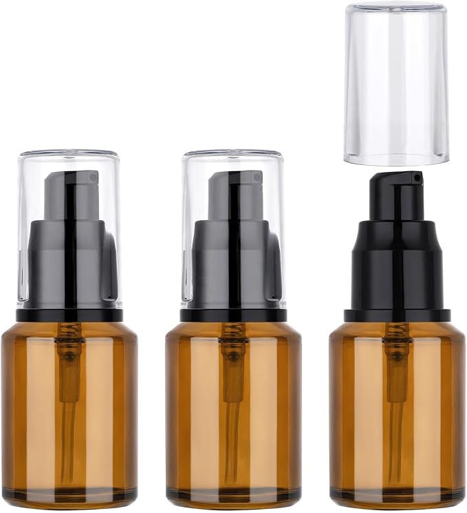 Segbeauty 1oz Frosted Empty Glass Pump Bottle Dispensers, 3 Pack 30ml Travel Size Pump Bottles, Reusable Lotion Container Foundation Bottle for Travel, Refillable Cosmetic Containers for Women Amber