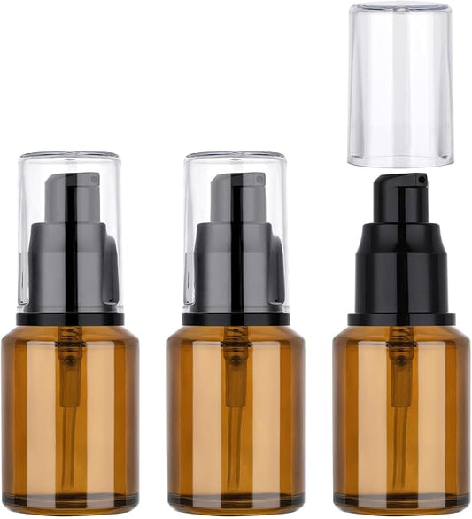 Segbeauty 1oz Frosted Empty Glass Pump Bottle Dispensers, 3 Pack 30ml Travel Size Pump Bottles, Reusable Lotion Container Foundation Bottle for Travel, Refillable Cosmetic Containers for Women Amber