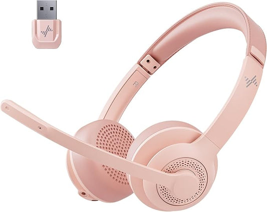 Wireless Headset with AI Noise Cancelling Microphone Bluetooth Headset - Bluetooth V5.2 Headphones with USB Dongle & Mic Mute for Computer/Laptop/PC/iPhone/Android/Cell Phones (Pink)