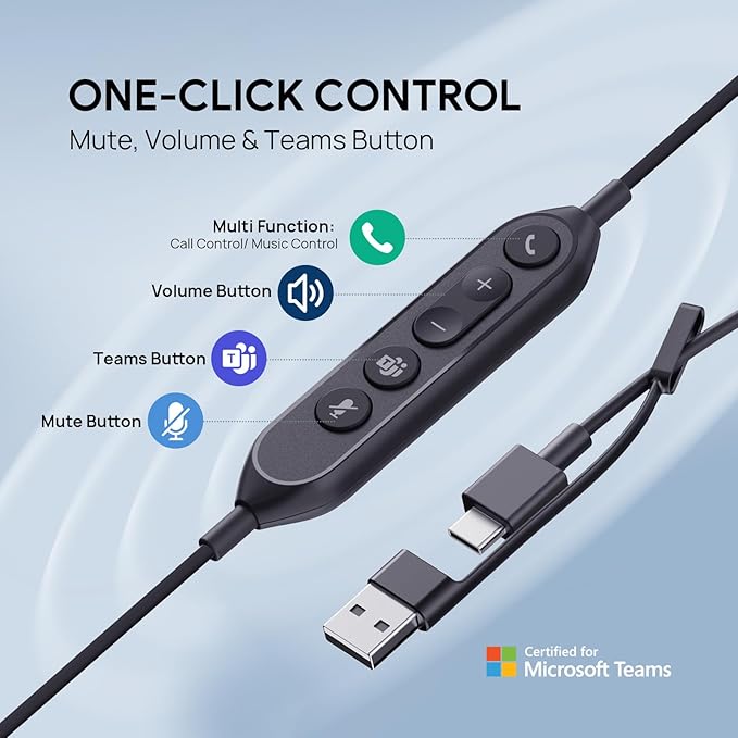 Yealink UH46 Mono USB Wired Headset with 3 Noise Cancelling Microphones for PC/Computer/Laptop, Teams Certified,Mute Call Button for Home Office Online Meetings, Plug & Play USB-C/A