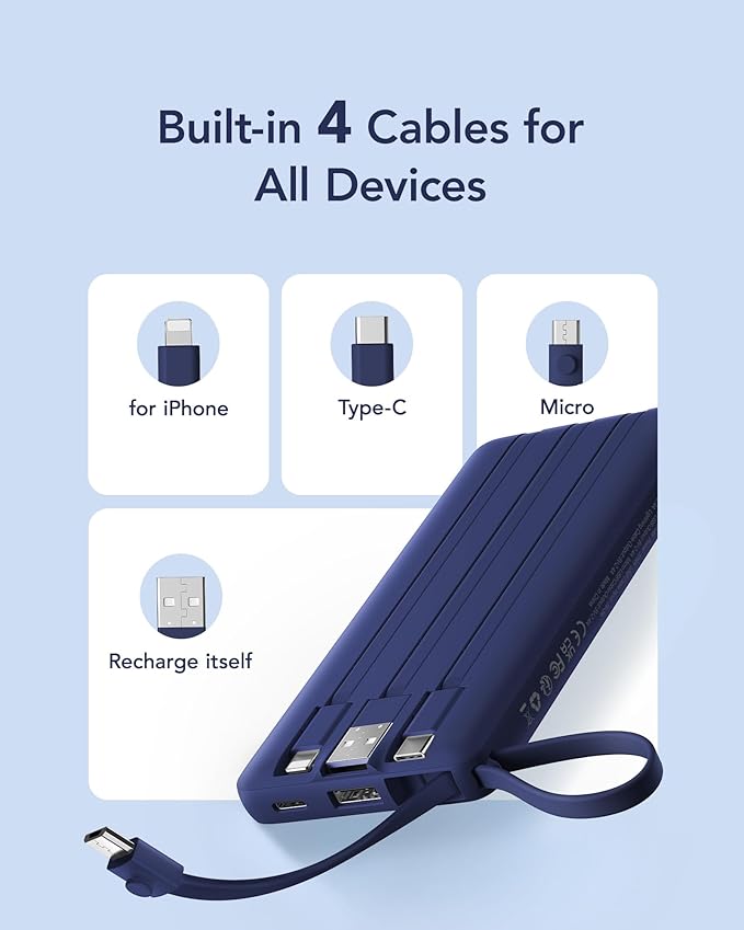 VRURC Portable Charger for iPhone, USB C Power Bank 10000mAh, Slim Travel Battery Pack with Built in Cables, 5 Outputs 2 Input Portable Phone Charger for iPhone 17 16 15 14 13, Samsung, Android-Navy