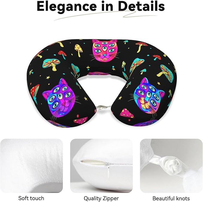 Neck Travel Pillow, Women Men Washable Airplane Car Pillows Trippy Eyes Black Cat Goth Mushroom, Head Support Rest U Shaped Cushion Comfortable for Watching TV