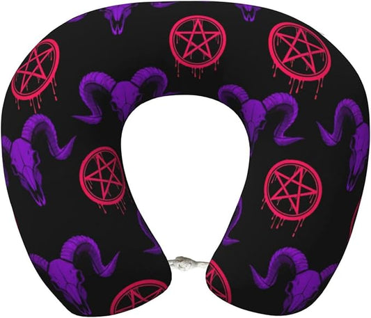 Neck Travel Pillow, Breathable Memory Foam Chin & Head Support Cushion Mystical Ram Skull for Airplane Car Sleeping Rest