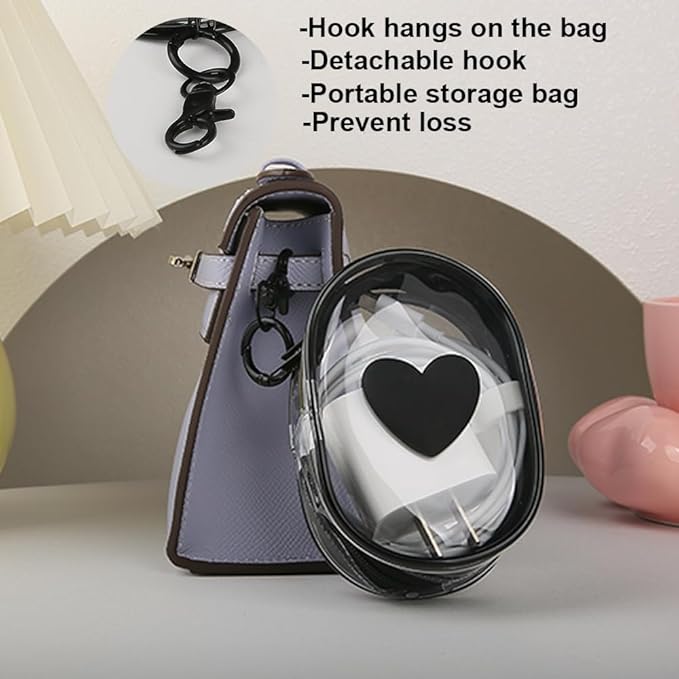 Charging Cable Storage Bag, Lovely 3D Love Heart Waves Design Transparent Compact Travel Cables Carrying Storages Case Electronic Accessories Charger Cord Wire Organizer, Black Love