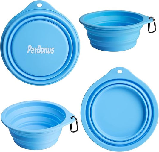 PetBonus 2-Pack Large Silicone Collapsible Dog Bowls, 34oz/1000ml BPA Free Portable Foldable Travel Bowl for Pet Cat, Food Water Feeding Dish for Camping with 2 Carabiners (Light Blue & Green)