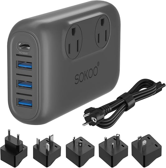 SOKOO 230-Watt Step Down 100-220V to 110V Voltage Converter, International Power Converter/Travel Adapter- Use for EU/UK/AU/US/India More Than 150 Countries, USB Quick Charger 3.0 Grey