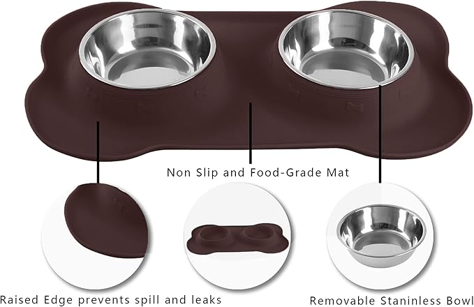 Hubulk Pet Dog Bowls 2 Stainless Steel Dog Bowl with No Spill Non-Skid Silicone Mat + Pet Food Scoop Water and Food Feeder Bowls for Feeding Small Medium Large Dogs Cats Puppies (X- Large, Chocolate)