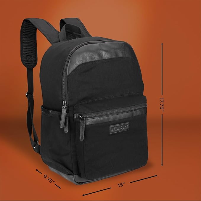 Wrangler Powell Backpack for Travel Classic Logo Water Resistant Casual Daypack for Travel with Padded Laptop Notebook Sleeve (Black)