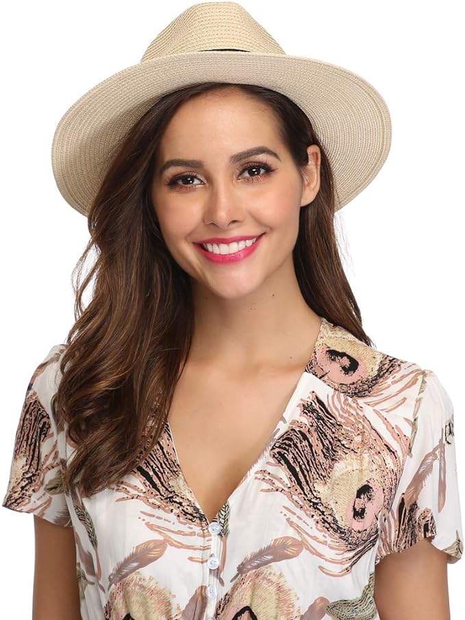 Lanzom Women Wide Brim Straw Panama Roll up Hat Fedora Beach Sun Hat UPF50+