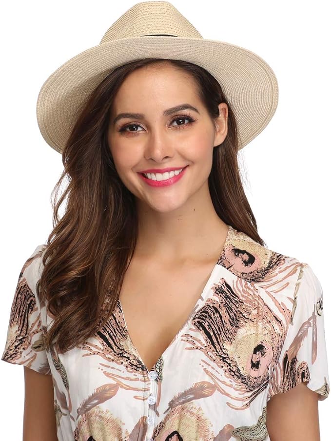 Lanzom Women Wide Brim Straw Panama Roll up Hat Fedora Beach Sun Hat UPF50+