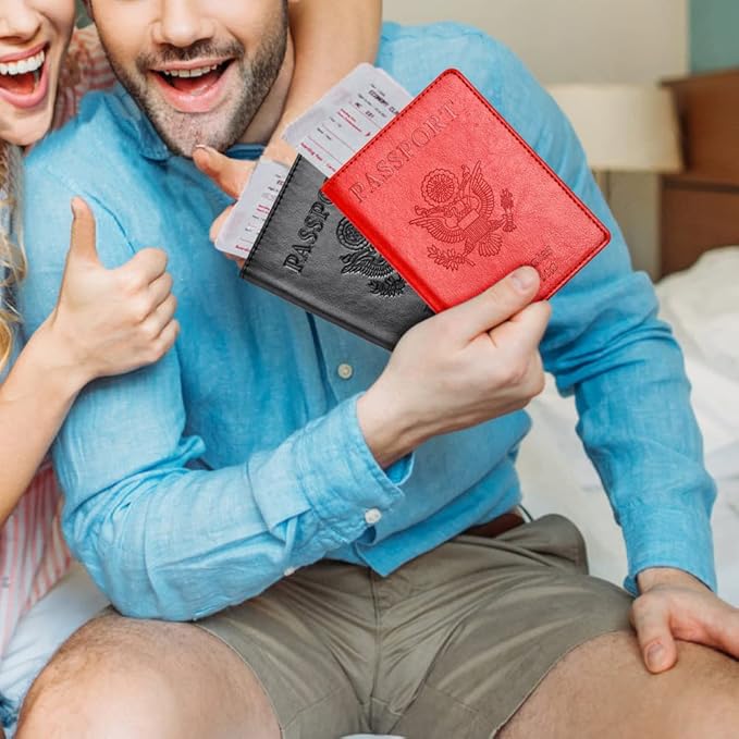 Eoehro Passport and Vaccine Card Holder Combo, Faux Leather, Compact, Lightweight, Waterproof, Red