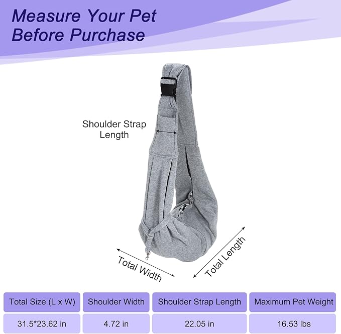 PETAXCELL Dog and Cat Sling Carrier Up to 16.5 Lbs, Hand-Free Reversible Pet Sling Carrier with Adjustable Strap and Pocket, (Grey, 1 Pcs) Intended for Hiking/Camping/Traveling