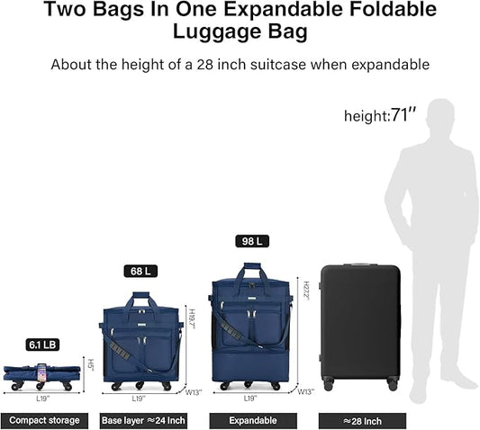 MILADA Expandable Luggage Bags for Travel Foldable Suitcase with Wheels Collapsible Rolling Travel Duffle Bag Lightweight Large Suitcases without Telescoping Handle, Blue