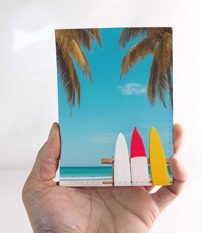 Holiday Beach Passport Holder for Travel Surfboard and Palm Tree PU Leather Passport Cover Wallet Cute Passport Card Holder for Women and Men