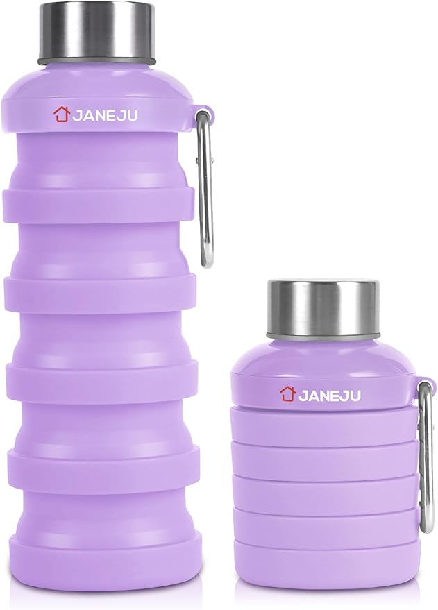 JaneJu Collapsible Water Bottle, 17oz BPA Free Silicone Reusable Portable Lightweight Foldable Water Bottles with Carabiner, Portable Leak Proof Sports Water Bottle (Purple)