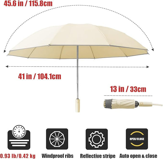 Large Windproof Travel Umbrella, Portable Reverse Folding Car Umbrella, Compact Inverted Design with Waterproof Canopy, Automatic, 10 Durable Ribs, 45.6/13 Inch, Fits Backpack