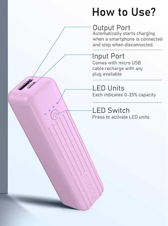 Miady 2-Pack Small Portable Charger, 5000mAh Battery Pack 3.45oz Lightweight Power Bank 5V/2.4A Output & 5V/2A Input Battery Pack Charger Mini Portable Phone Charger for iPhone, Samsung Galaxy etc