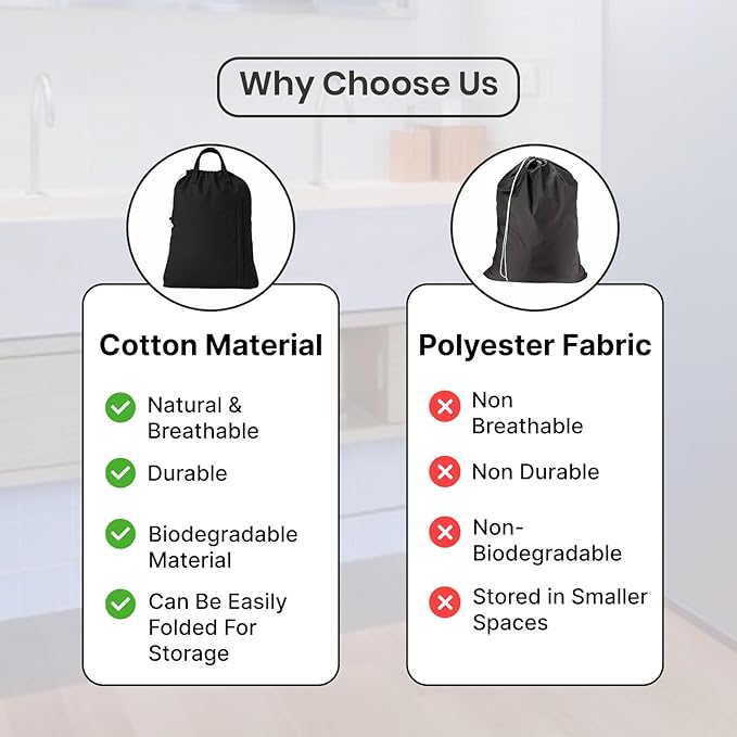 LFH Home Large Premium Cotton Canvas Laundry Bag with Drawstring and Handles Heavy Duty, Multi-Use, and Washable for Home, Travel, College or Storage 28x40 (Pack of 2)-Black