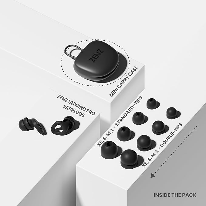 Zenz Unwind Pro Ear Plugs for Sleeping Noise Reduction – Soft Silicone Reusable Earplugs for Sleep, Focus & Work – 35dB Noise Reduction with Storage Case – XS/S/M/L Eartips (Onyx Black, One Size)