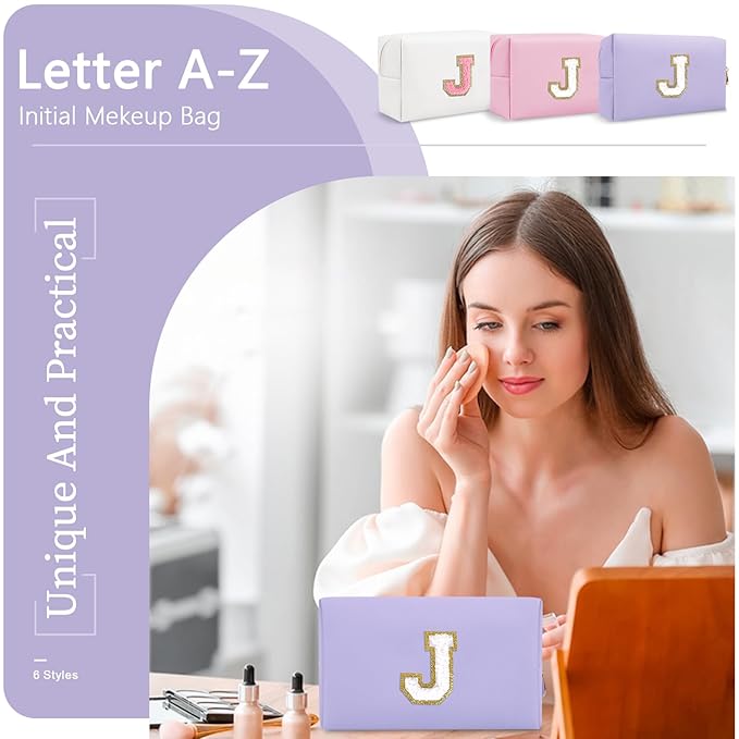 Personalized Makeup Bag Initial A-Z Preppy Patch Bag,Small PU Leather Travel Cosmetic Bag Pouch with Zipper,Purple Cute Toiletry Bag,Gift Ideal for Teen Girls Women Birthday Friend Mom,Latter J