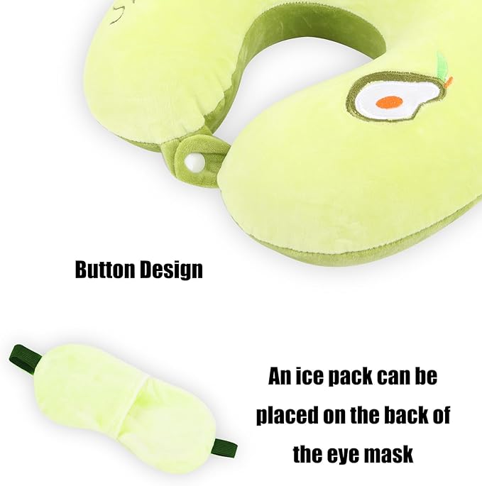 Kids Neck Pillow for Travel with Sleep Eye Mask, Cute Travel Neck Pillow, Memory Foam Flight Sleeping Headrest Pillow for Boys & Girls, Airplane, Train, Car, Home Use - Little Avocado
