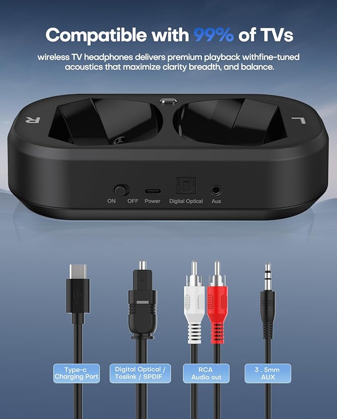 Ensemble-TV Wireless Headphones with LED Display, Bluetooth V5.3, No Lip-Sync Delay, Plug and Play, Gifts for Elderly (Black)