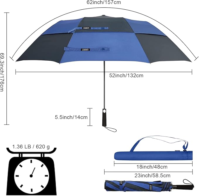 G4Free 62 Inch Portable Navy Golf Umbrella Automatic Open Large Oversize Vented Double Canopy Windproof Waterproof Sport Umbrellas (Navy/Royal Blue)