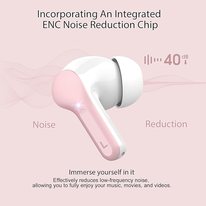 Wireless Earbuds, Bluetooth 5.4 Headphones HiFi Stereo, Bluetooth Earbuds with ENC Noise Cancelling Mic, IP7 Waterproof in Ear Earphones, 48H, LED Display Ear Buds for Pad Phones Workout Sports, Pink
