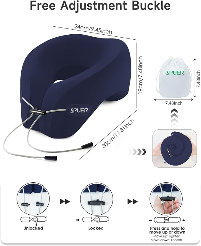 Travel Pillows for Airplanes, Neck Pillow Airplane, Airplane Travel Accessories with Eye Mask, Earplugs & Storage Bag, Ergonomic Memory Foam Neck Pillow for Sleeping, Flights, Cars, Office (Navy Blue)